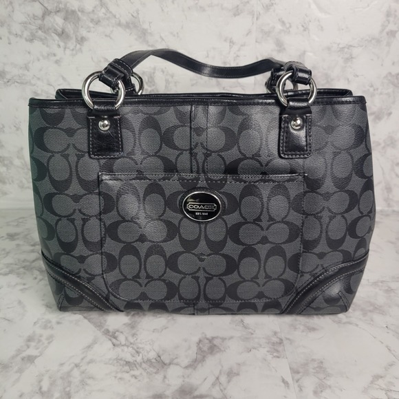 Coach Peyton Shopper Carryall Black & Gray Canvas &‎ Patent Leather Trim Purse - Picture 1 of 14